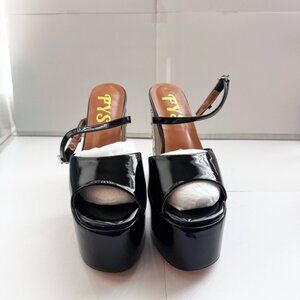 FYS Size 6 Women Open Toe Platform Slip on Rhinestone Studded Chunky Heels Black